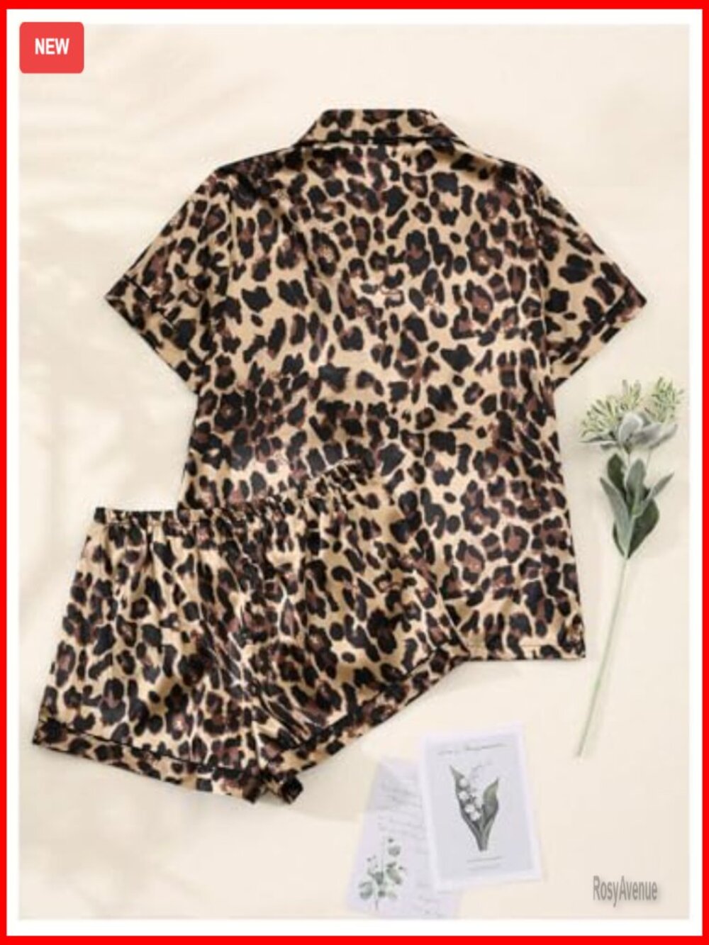 2 Piece Satin Pajama Set Leopard Short Sleeve Button Down Pj Shorts Set - Picture 2 of 5